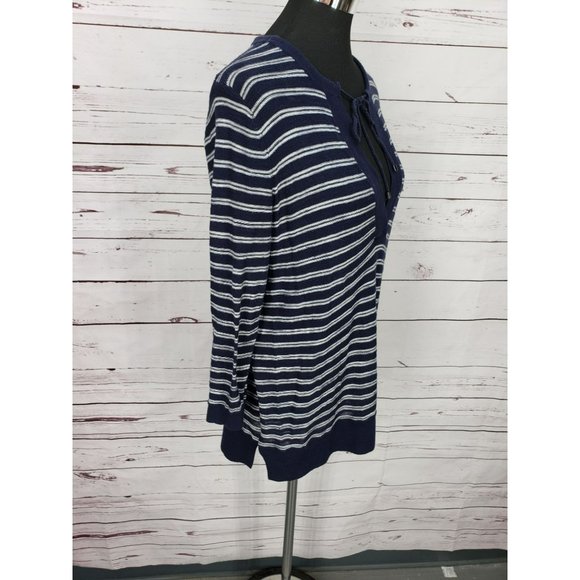 Loft Women's Blue Gray Striped Pullover 3/4 Sleeve See Through Shirt Size Large - Picture 7 of 11